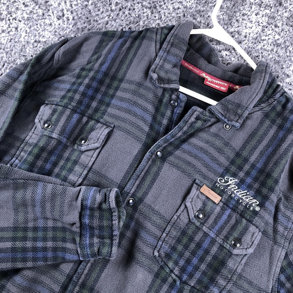 Indian Motorcycle Shirt Mens XL Gray Plaid Long Sleeve Flannel Snap Pockets